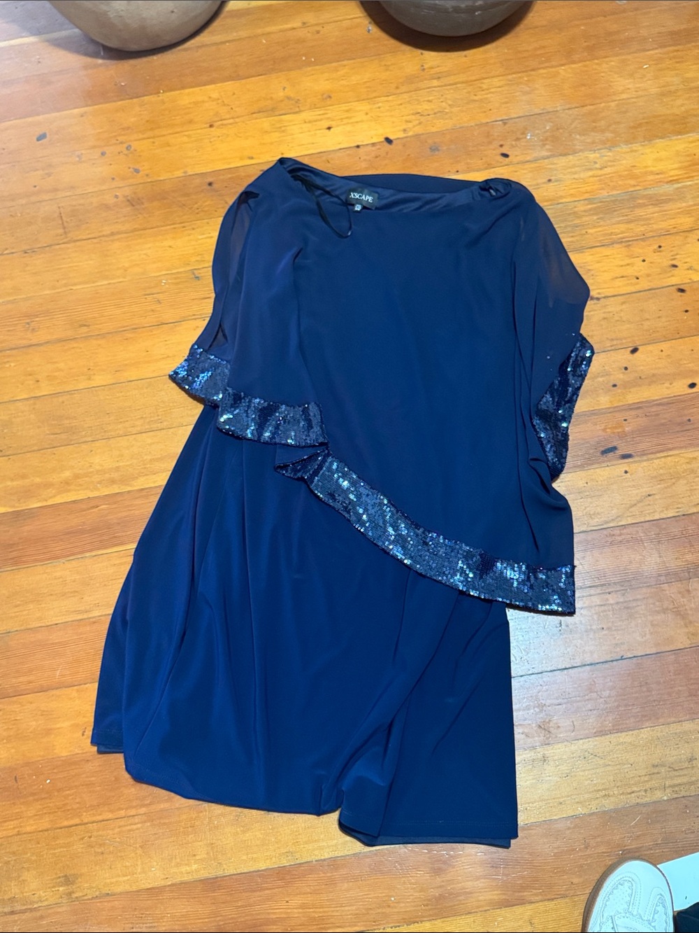 Xscape Navy Blue Sequin Trim Asymmetric Dress